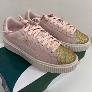 NWT PUMA Suede Platform Glam Jr - Pink Dogwood Gold WhispWhite - Size 5.5C